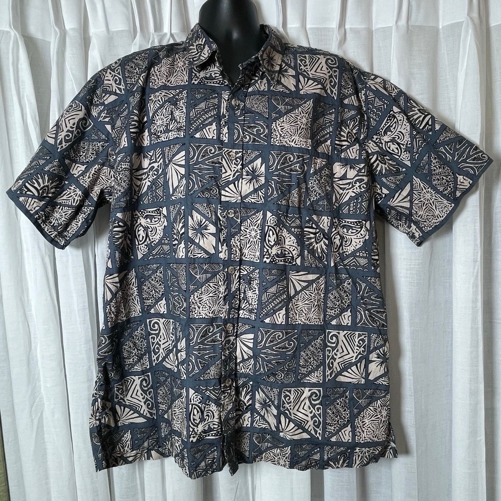 Cooke Street Hawaiian Shirt Mens 2XL Tribal Geometric Print Cotton Blue Cream